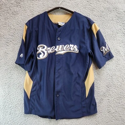 Majestic Jersey Azul Marino MLB Milwaukee Brewers Béisbol Marrón Manga Corta Botón Foto 1 de 4