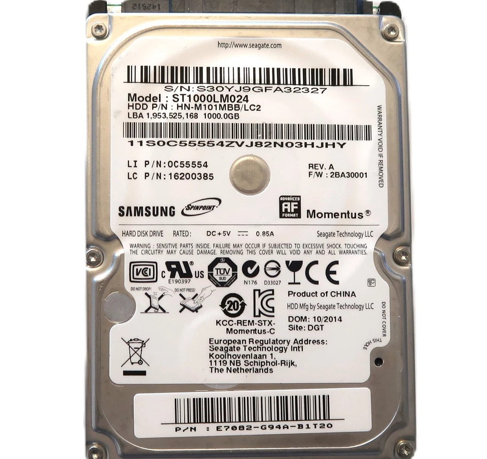 Samsung ST1000LM024 HN-M101MBB/LC2 2BA30001 (S30Y) E7082-G94A 2.5" 1TB 10/2014 - Image 1 of 1