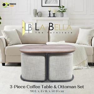 3 Piece Set Coffee Table & Ottoman Wood Side End Table Industrial Rustic - CR GY - Picture 1 of 11