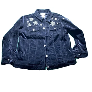 Quacker Factory Snowman Jacket Women SMALL Black Velvet Snow Flake Trucker Magic - Picture 1 of 9