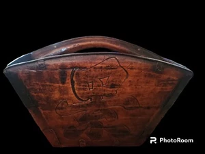 Antique Chinese Rice / Grain Wooden Basket - 13" square iron rustic bucket - Picture 1 of 12