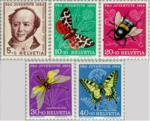 EBS Switzerland 1954 - Pro Juventute - Insects - Michel 602-606 - MNH** - cv $31 - Picture 1 of 6