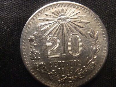 1939 M, México 20 centavos, plata .720, baja acuñación  Foto 1 de 4