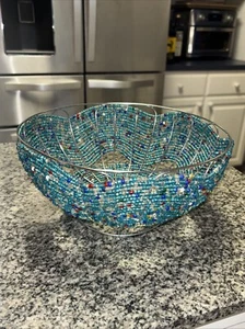 African Glass Seed Faceted Aquamarine Blue Beads Wire Basket Bowl Decor 9.5”x4.5 - Picture 1 of 6