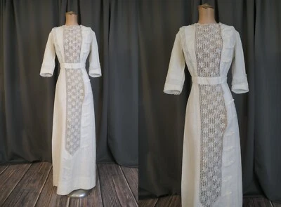 Vestido de lino eduardiano vintage de 1900, con cordones en la parte delantera, busto XS 30, antiguo Foto 1 de 4