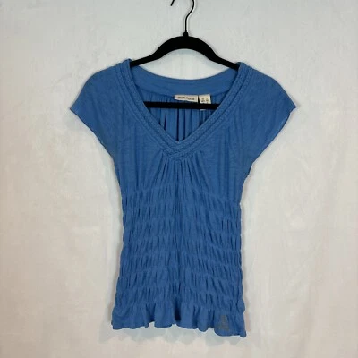 DKNY Womens Y2K Baby Blue Short Sleeve Knit Smocked Baby Doll Tee Sz Petite Sm - Image 1 of 4