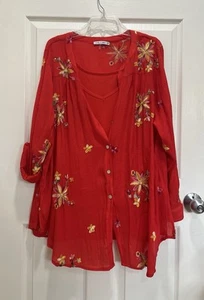 FIGUEROA & FLOWER Blouse 3X Button Up Tunic and Built in Tank Red Embroidered - Picture 1 of 11