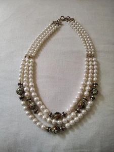 Triple Faux Pearl Strand Enamel Floral Beads Goldtone Japan Vintage - Picture 1 of 5