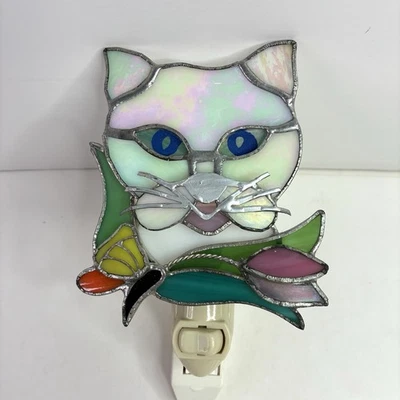 Vitral Vintage Luz Nocturna Perla Iridiscente Blanco Gato Mariposa Tulipán Foto 1 de 4
