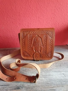 Leder Umhängetasche Tasche Vintage Hippie Boho Hamsa Hand der Fatima braun - Bild 1 von 8