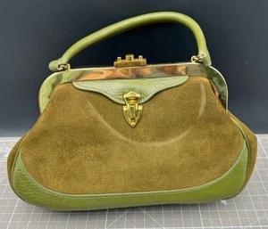 Vintage Roger Van Avocado 1 Handle Suede Green & Leather Handbag - Picture 1 of 9