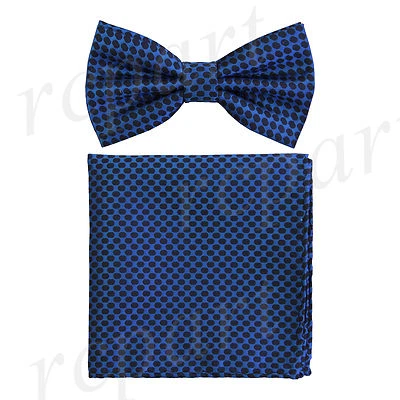 New Men micro fiber Pre-tied Bow tie & hankie royal blue black dots formal prom - Image 1 of 4