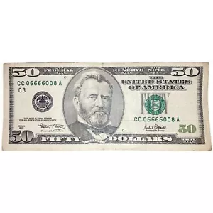 $50 Bill 06666008 Serial Number Circulated Trinary Note 4 Of A Kind And A Triple - Picture 1 of 3