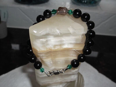 МУЖСКОЙ РУЧНОЙ РАБОТЫ 9 «10 ММ ЧЕРНЫЙ АГАТ ЗЕЛЕНЫЙ КРИСТАЛЛ БУДДА SS БИСЕР БРАСЛЕТ - Изображение 1 из 4