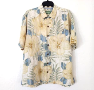 TOMMY BAHAMA Shirt Mens L Yellow Blue Hibiscus Linen Silk Short Sleeve Hawaiian - Picture 1 of 12