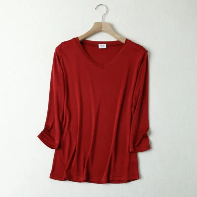 Ropa interior transpirable ligera con cuello en V de seda Mulberry para mujer mangas 3/4 Foto 1 de 4