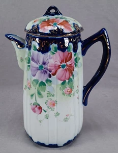 Nippon Hand Painted Pink & Purple Floral Cobalt & Gold Chocolate Pot - Picture 1 of 12