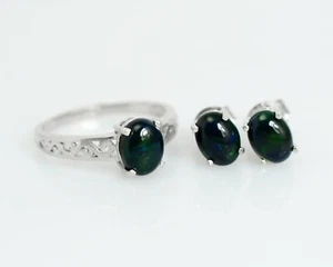 Natural Ethiopian Black Opal Gems 925 Sterling Silver Ring Earring Jewelry Set - Picture 1 of 8