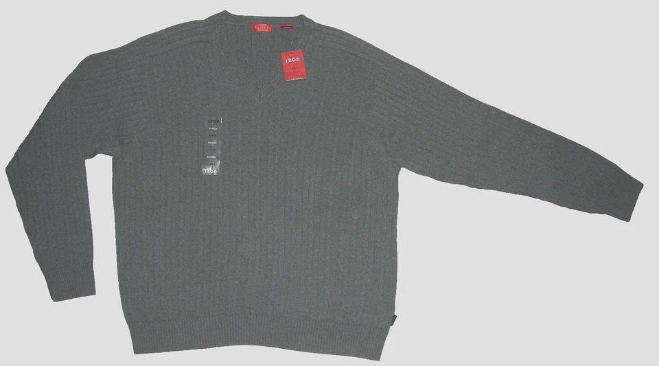 Mens IZOD Size XL X-LARGE Heather Gray 100 COTTON V-NECK SWEATER Cable Knit