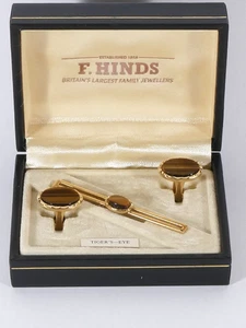 Set gemelli e fermacravatta vintage Stratton occhio di tigre F. Hinds made in England - Foto 1 di 16