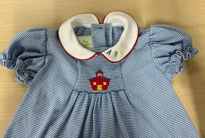 Zuccini Kids Boutique Girls Blue Striped ABC School House Smocked Knit Dress Sz4 - Image 1 of 4