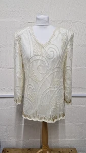 Vintage Sudi Cream Silk Sequin Embellished Long Sleeve Tunic Top. BNWT. Size L - Picture 1 of 9