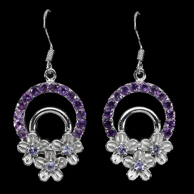 Pendientes redondos de plata de ley 925 con flores de amatista de tanzanita joyas de piedras preciosas Foto 1 de 4