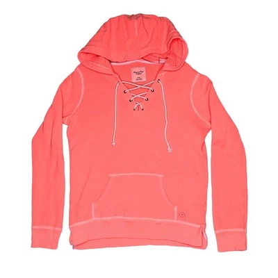 Sudadera con capucha para mujer American Eagle mediana con cordones cuello en V desteñida naranja neón Foto 1 de 4