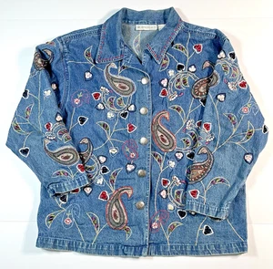 Dressbarn Woman Denim Jean Jacket Coat Size 1X Embroidered Stitched Floral - Picture 1 of 23