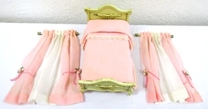 Dollhouse Block House Bed, Scalloped Edge Pink Bedspread and Pair Sheer Curtains - Picture 1 of 17