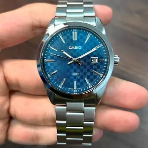 Casio MTP-VD03D-2A2 Blue Checked Dial Analog Quartz Stainless Steel Men's Watch - Picture 1 of 7