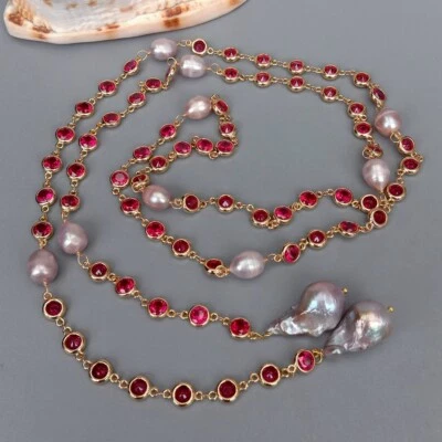 Collar Largo Cadena Pavimentado Perla Keshi Púrpura Color Fucsia Circonita Larga 49" Foto 1 de 4