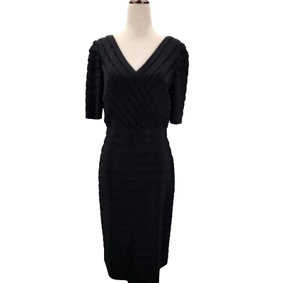 Adrianna Papell Dress Womens Sz 8 Black Pleated Faux Wrap V-Neck 3/4 Sleeve Work - Image 1 of 4