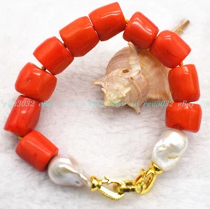 Natural 12-14mm Orange Coral Cylinder Barrel Gemstone Beads Bracelet 7.5'' - Picture 1 of 12