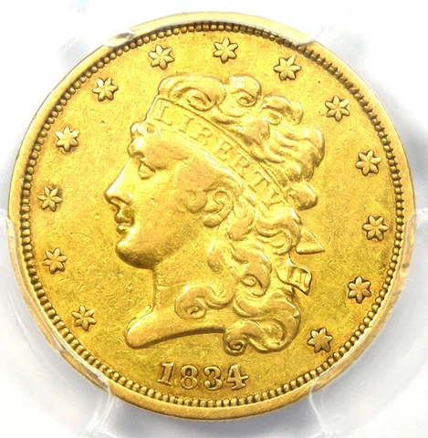 1834 Classic Gold Half Eagle $5 Coin - Certified PCGS XF Detail (EF) - Rare Coin Cover