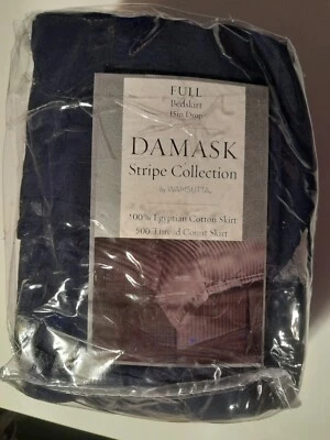Damask Stripe Collection By Wamsutta Full  Bedskirt 15" Drop Navy 100% Egyptian - Image 1 of 4