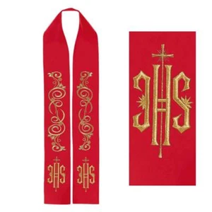 Red Liturgical Priest Church Mass Clergy Stole Embroidered Gold JHS & Cross - Imagen 1 de 2