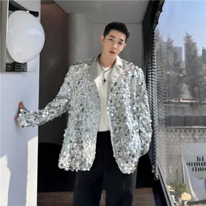 Sequin Suit Men's Fashion Singer Performance Top Suit Jacket Trendy Coats Loose - Picture 1 of 22