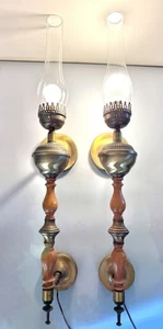Vintage MCM Pair of Wood & Brass Electric Wall Mid Century Lamps w/Brackets 33” - Picture 1 of 24