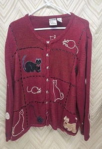 Vintage Christopher & Banks Red Cat Embroidered Cardigan Sweater Size 2x - Picture 1 of 8