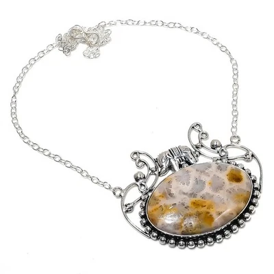 Collar de joyas de regalo de plata de ley 925 con piedras preciosas de coral fósil 18" f915 Foto 1 de 4