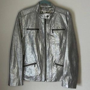 Chico's Lavish Luster Metallic Silver Leather Motorcycle Jacket Sz 2 Large Y2K - Picture 1 of 10