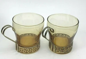 2 Libbey Amber Glass Coffee Tea Cocoa Cups Mugs Gold Metal Accents Handles Vtg - Picture 1 of 12