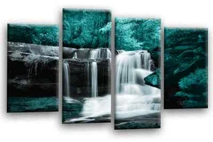 Large Waterfall Canvas Print Wall Art Teal Grey Black White Split Panel - Picture 1 of 5