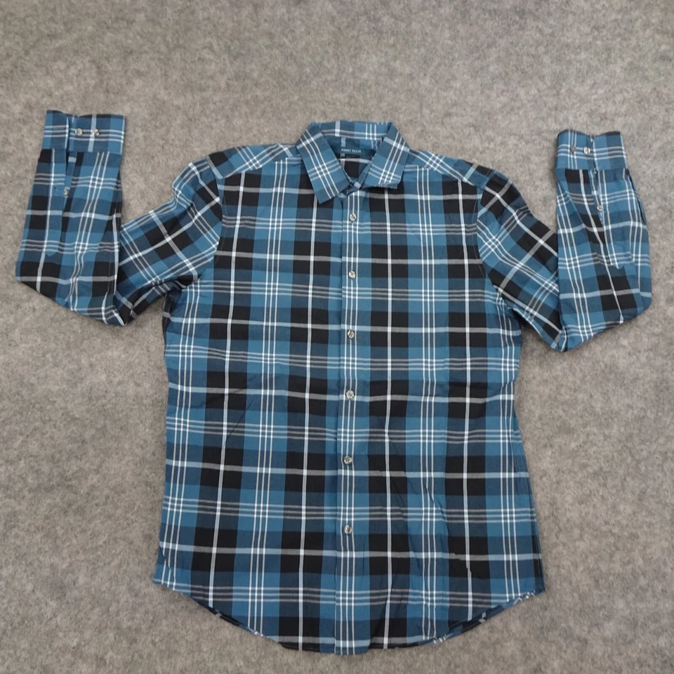 Perry Ellis Button Up Shirt Mens Medium Blue Regular Fit Plaid White Navy - Image 1 of 4