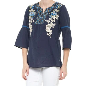 PAPARAZZI Mexican Boho Embroidered Cotton 3/4 Sleeve Blouse Pick White L, Navy M - Picture 1 of 10
