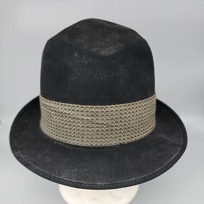 Chapéu Champ 7 1/8 Vintage Preto “Feel the Felt” Camurça Genuína Fedora Faixa Cinza - Imagem 1 de 4