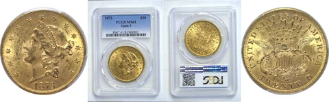 1873 $20 Gold Coin PCGS MS-61 Open 3 Cover