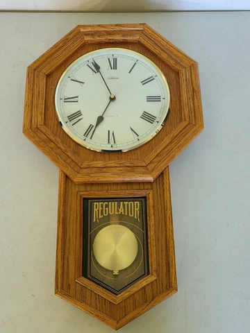 SUNBEAM Wall Clock Oak Regulator Octagon School House TESTED VTG 882-1099 Cover