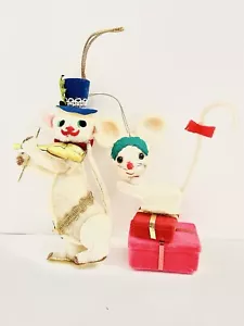 2 Vintage Mouse Ornaments Whimsical White Mouse Christmas Blue Hat Felt Flocked - Picture 1 of 15